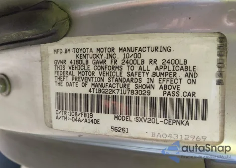 2001 Toyota Camry Ce/Le/Xle from USA, damaged, VIN 4T1BG22K71U783029